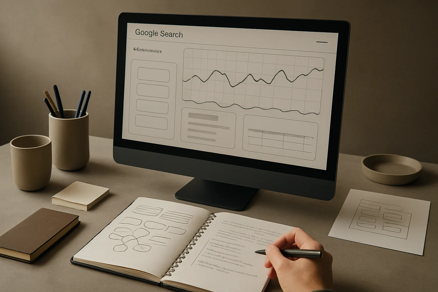Stanowisko pracy z Google Search Console z wykresami skuteczności, mapa witryny i notatkami analitycznymi. Editorialny hero dla artykulu "Google Search Console od podstaw".
