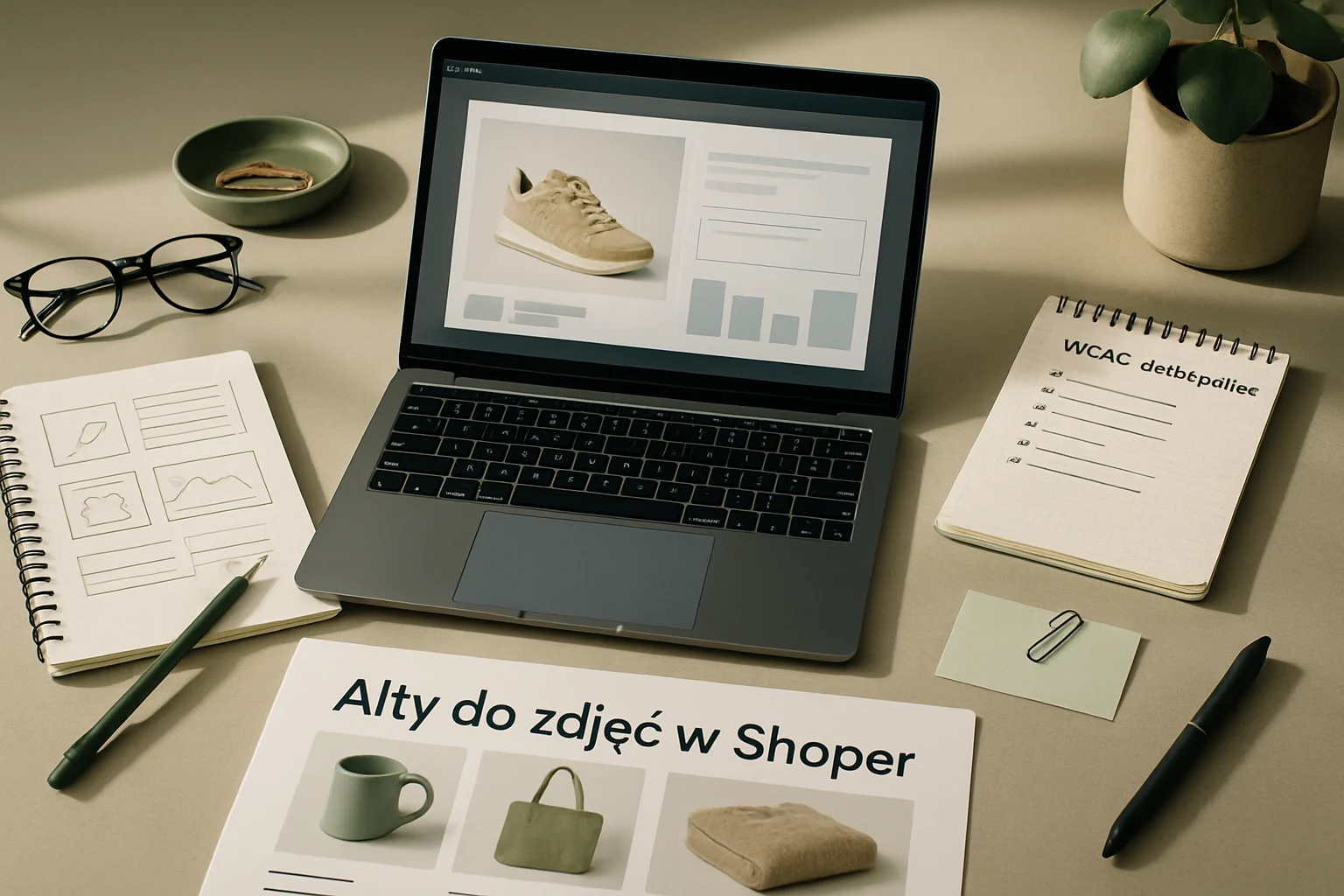 Stanowisko do pracy nad altami i dostępnością obrazów w e-commerce z kartami produktów oraz lista kontroli WCAG. Editorialny hero dla artykulu "Alty do zdjec w Shoper".