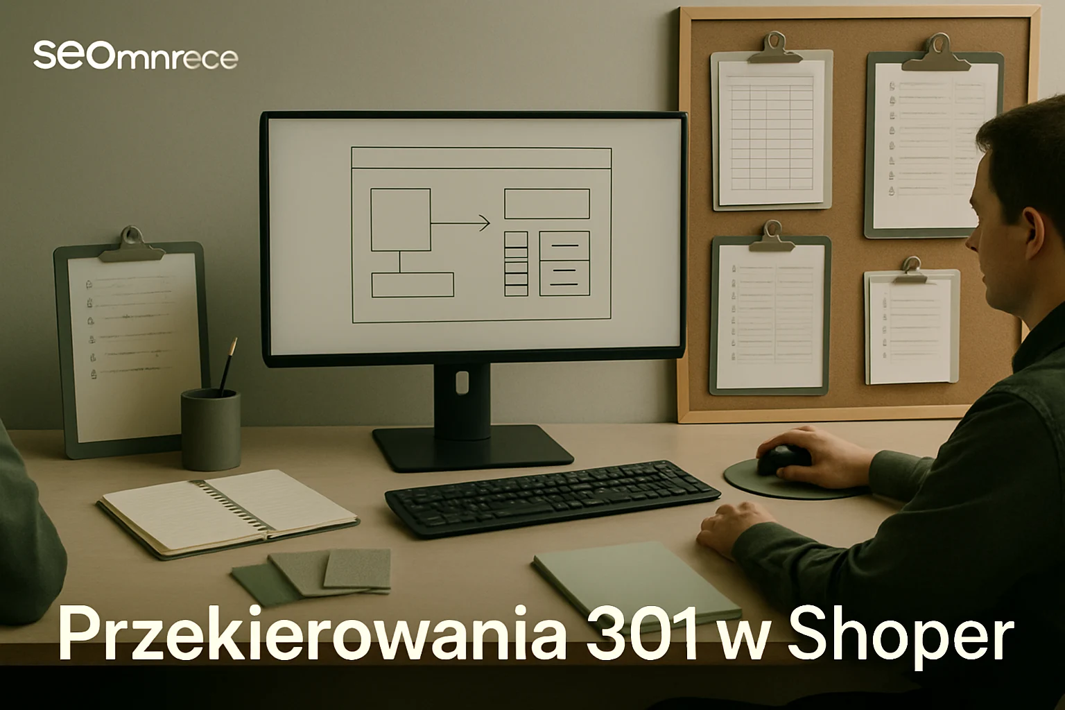 Warsztat migracji sklepu internetowego z planem przekierowań, testami i kontrola krytycznych adresów URL. Editorialny hero dla artykulu "Przekierowania 301 w Shoper".