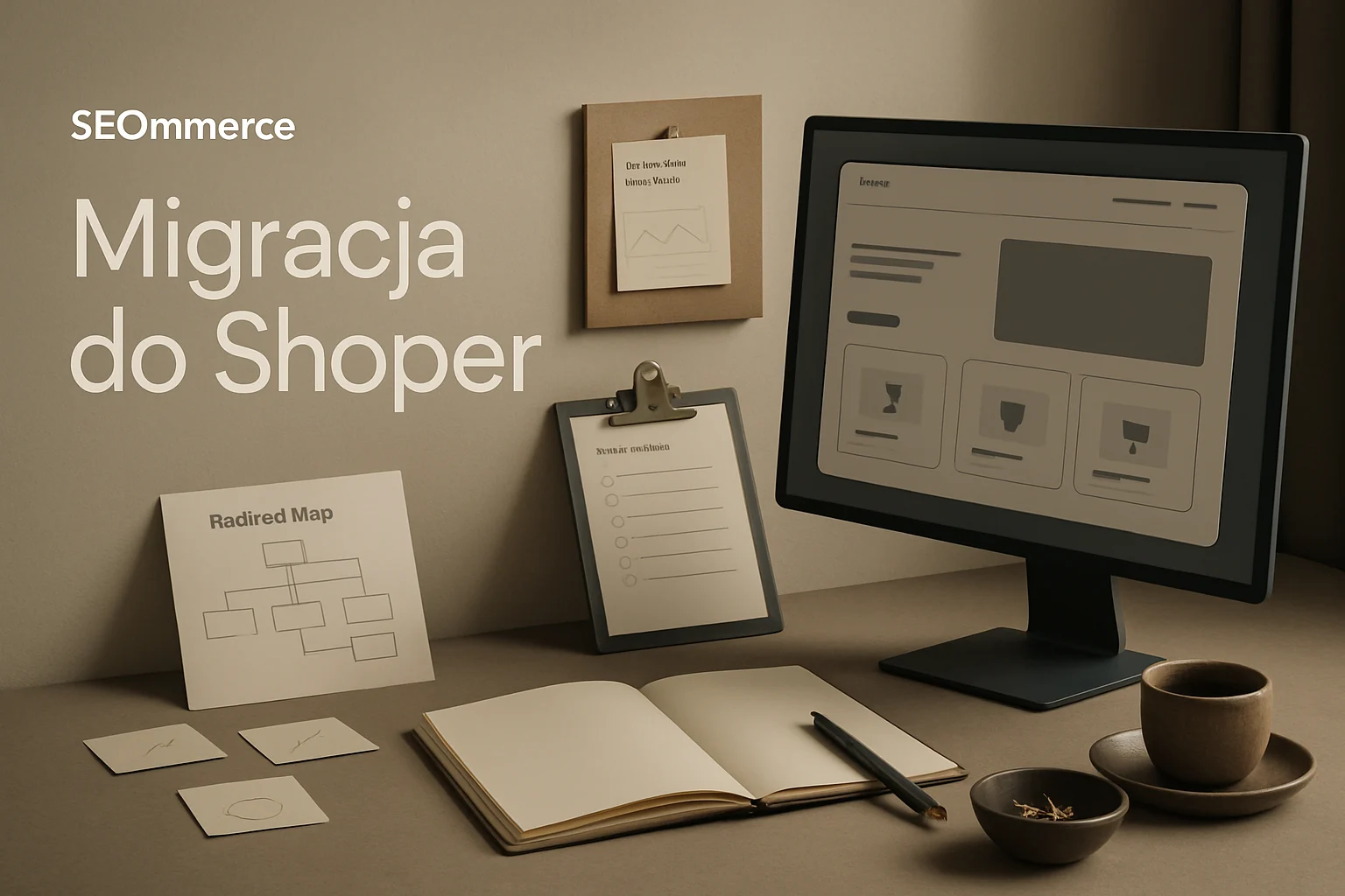 Stanowisko migracji do Shoper z mapa przekierowań, lista startowa i podgladem sklepu po wdrożeniu. Hero dla strony "Migracja do Shoper".