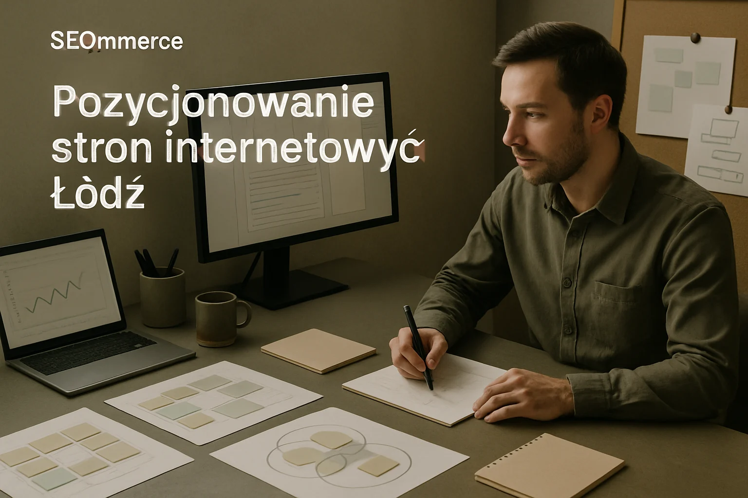 Warsztat strategii SEO z mapa fraz, intencjami wyszukiwania i materialami do planowania widoczności strony. Hero dla strony "Pozycjonowanie stron internetowych w Łodzi".