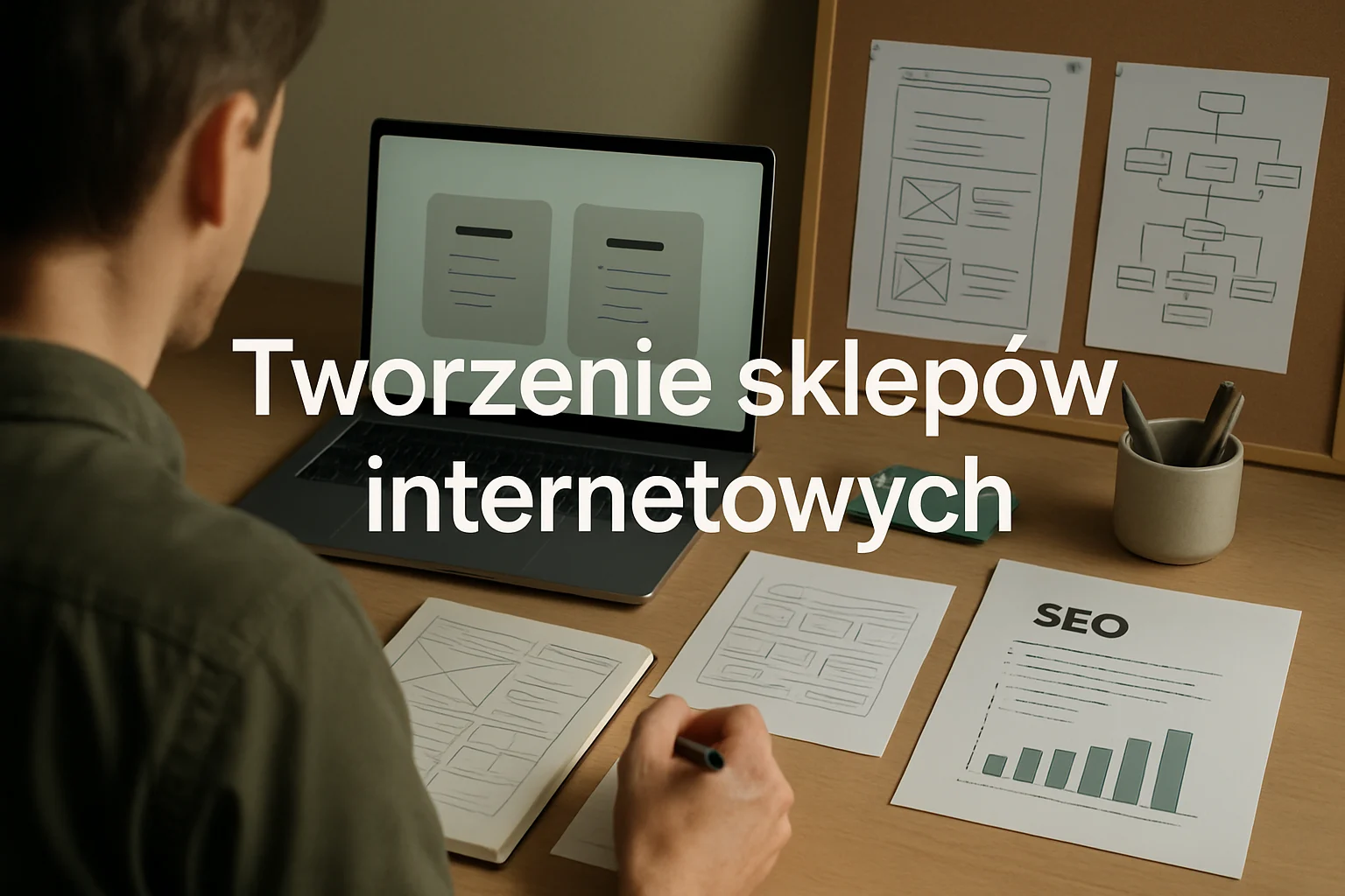 Studio strategii dla sklepu internetowego z porownaniem platform, architektura sklepu i planem wzrostu SEO. Hero dla strony "Tworzenie sklepów internetowych".