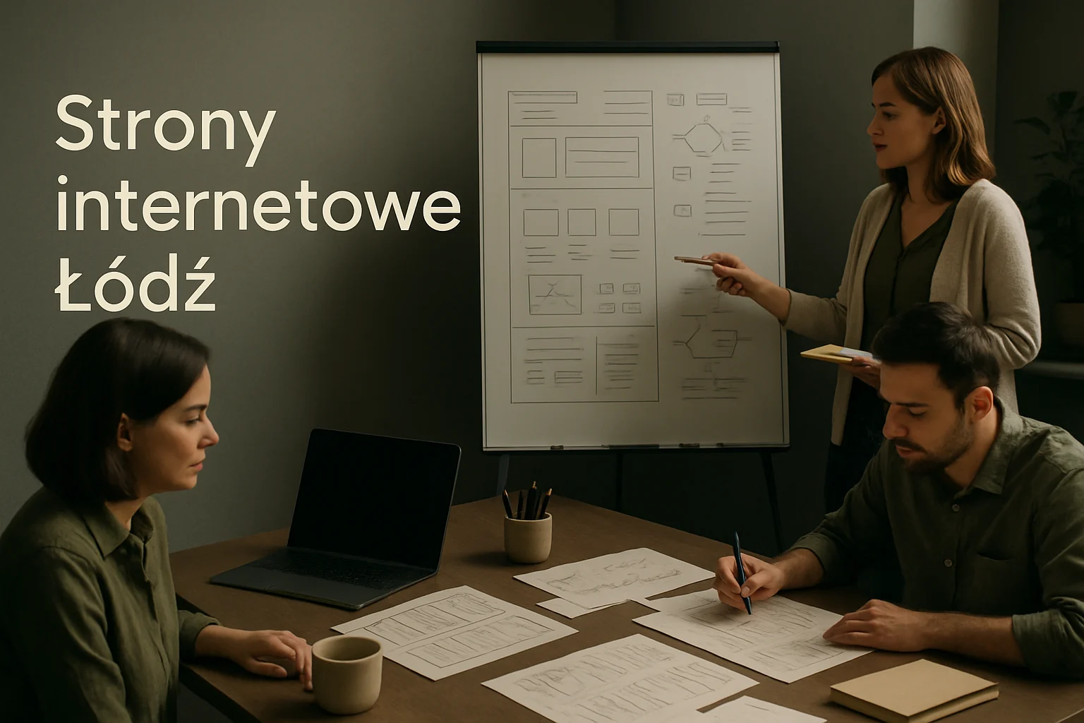 Warsztat projektowania stron w Łodzi z makietami, sekcjami zaufania i planem wdrożenia dla lokalnej firmy. Hero dla strony "Strony internetowe Łódź".