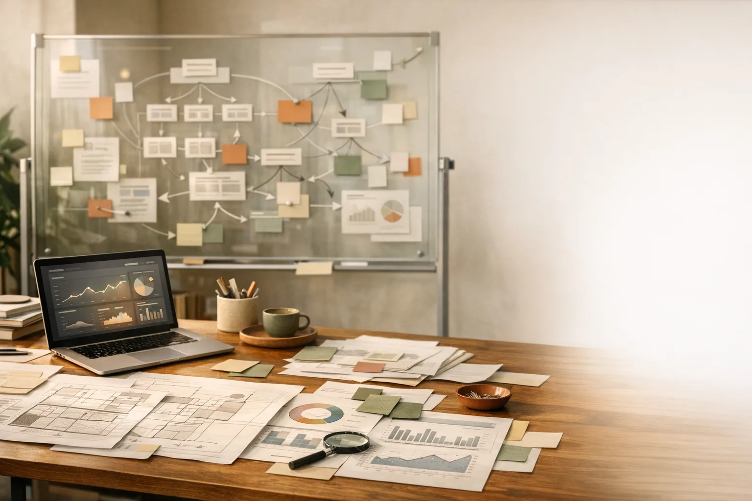 Studio warsztatowe SEOmmerce z mapa architektury treści, analityka i materialami do planowania sklepu internetowego.