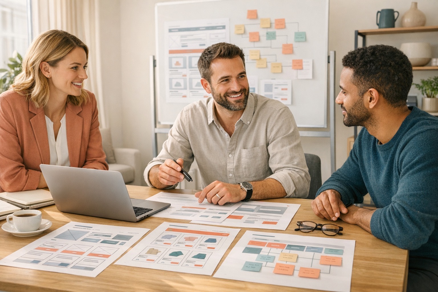 Zespół SEOmmerce podczas warsztatu strategicznego z makietami sklepu internetowego.