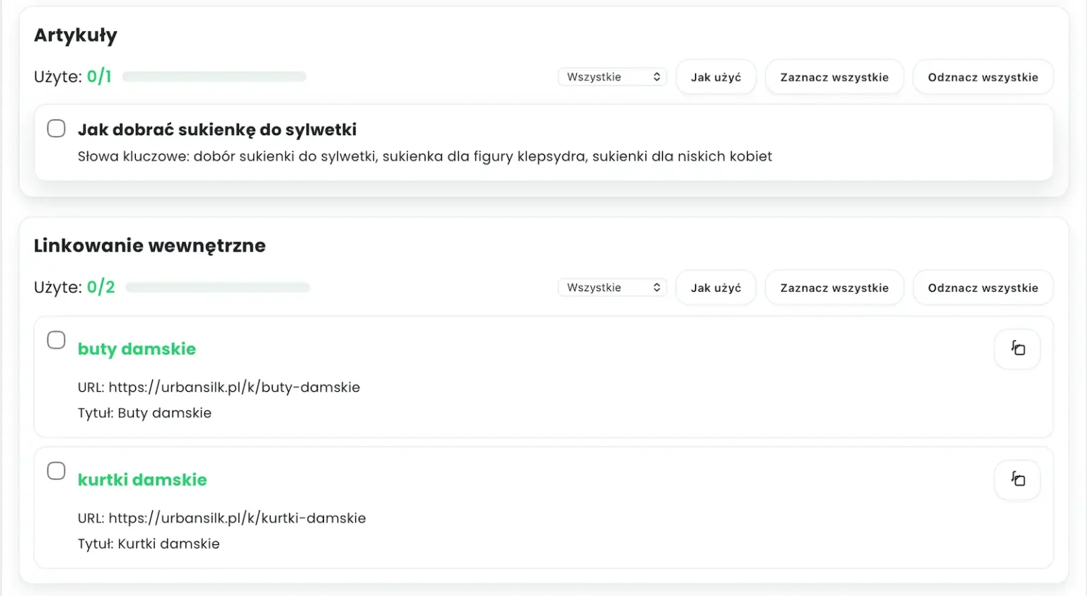 Panel pokazujacy planowanie artykulow i linkowania wewnetrznego.