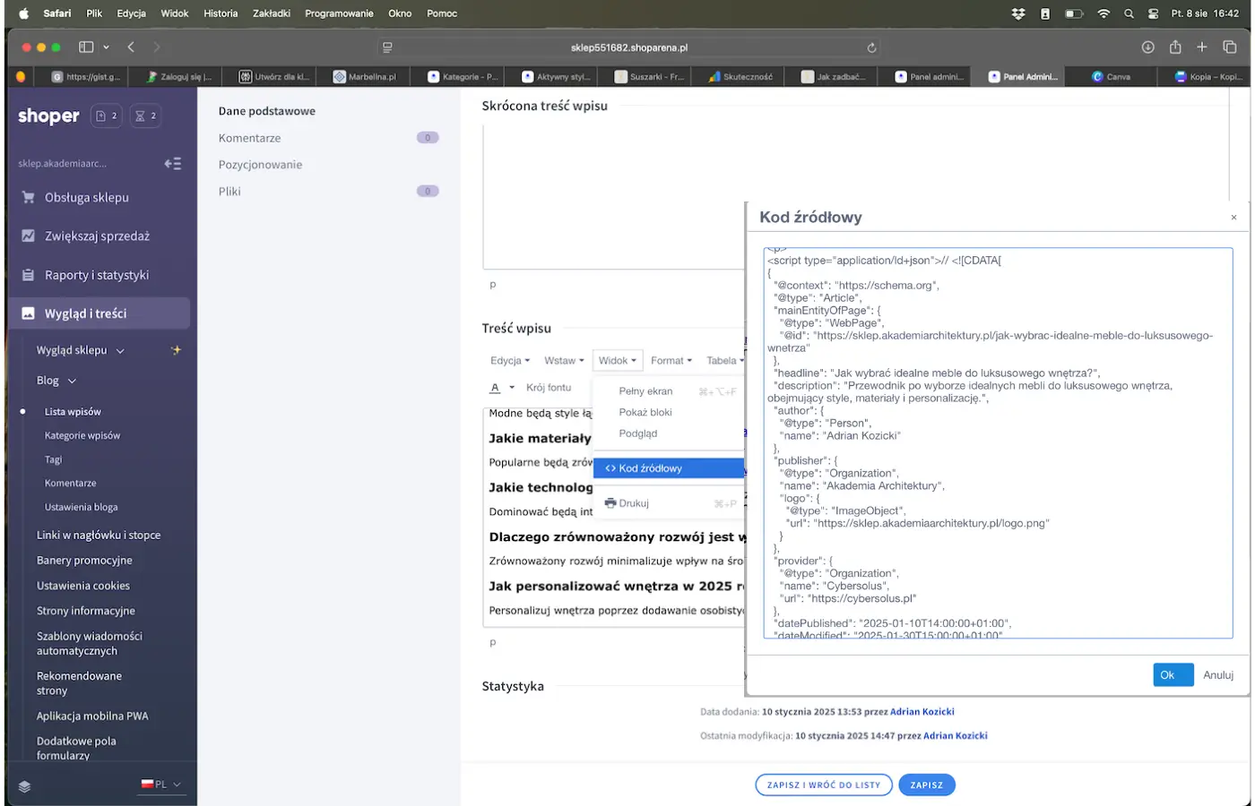 Widok konfiguracji schema FAQ dla sklepu Shoper.