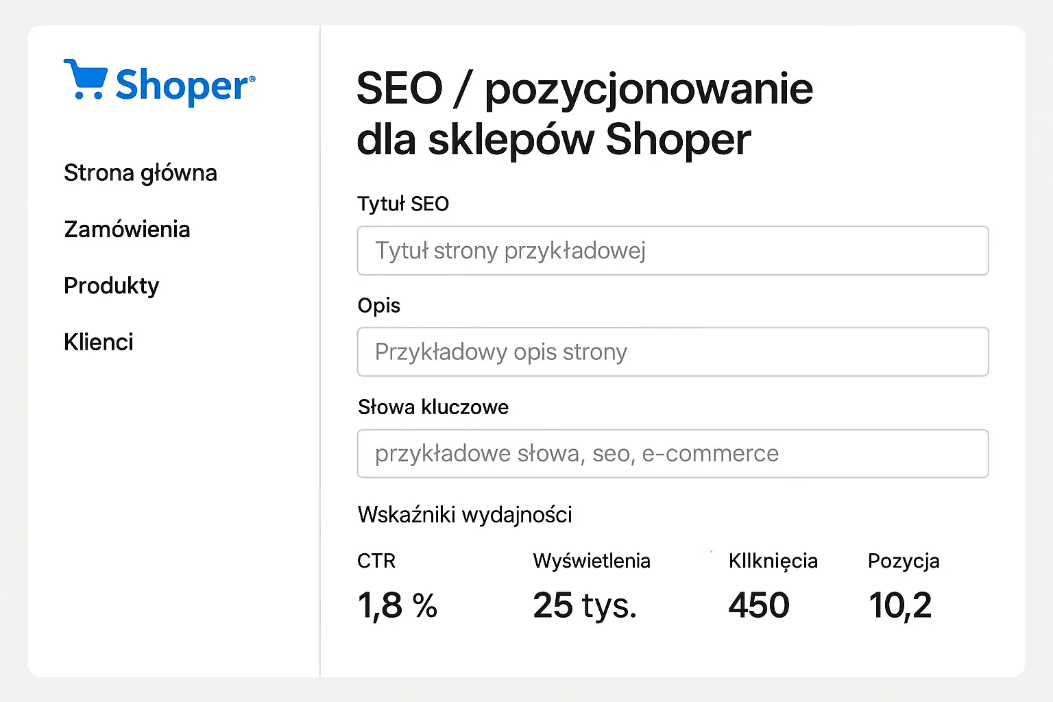 Tabela z danymi meta i materialami SEO dla sklepu Shoper.
