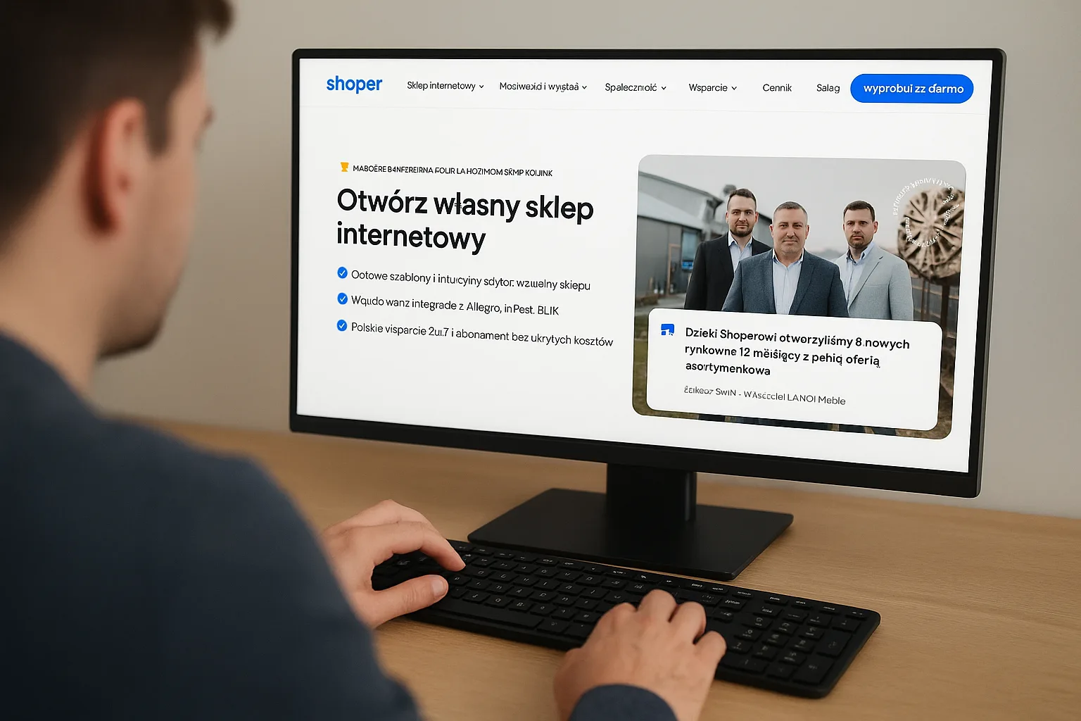 Monitor z widokiem sklepu Shoper i materialami wdrożeniowymi.