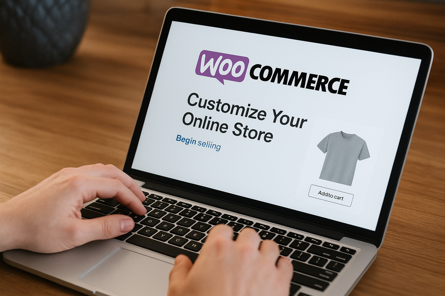 Monitor z widokiem sklepu WooCommerce i planem wdrozenia.