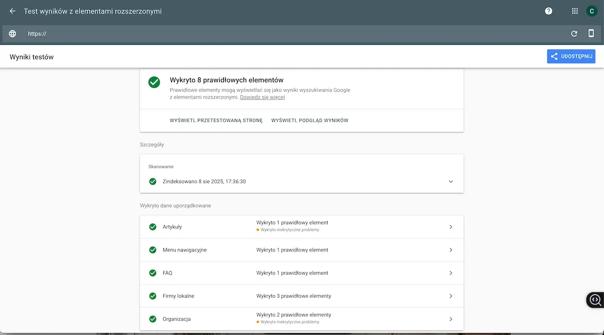 Wynik testu rich snippets dla wdrozonego schema FAQ.
